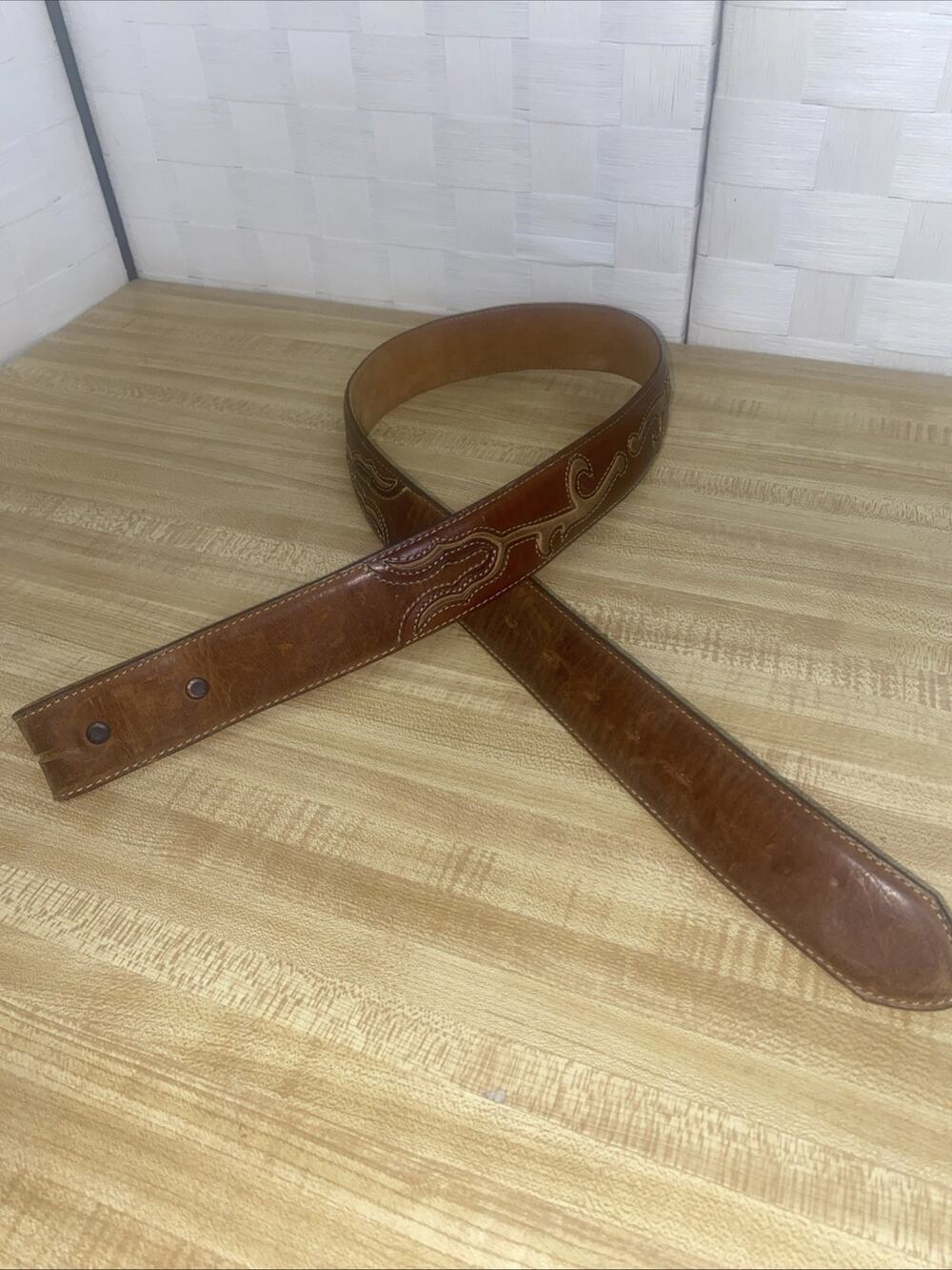 90s Silver Creek Brown Leather Belt Sz 34 Stitching Contrasting Color #C70184